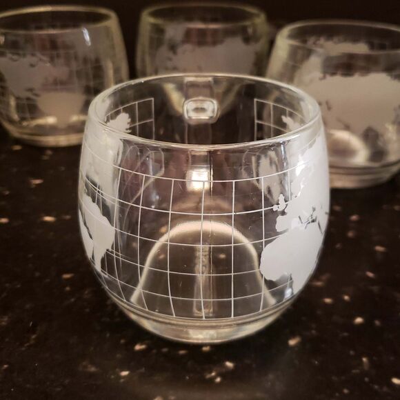 Nestle Nescafe Coffee Cup Mugs World Map Globe Clear Etched Glass Vintage set 6 - Picture 13 of 15